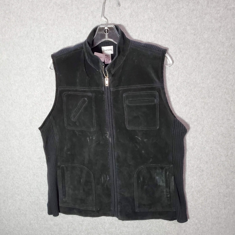 Chico's Women Jacket 3 Black Leather Vest Pockets Full Zip Mock Neck READ